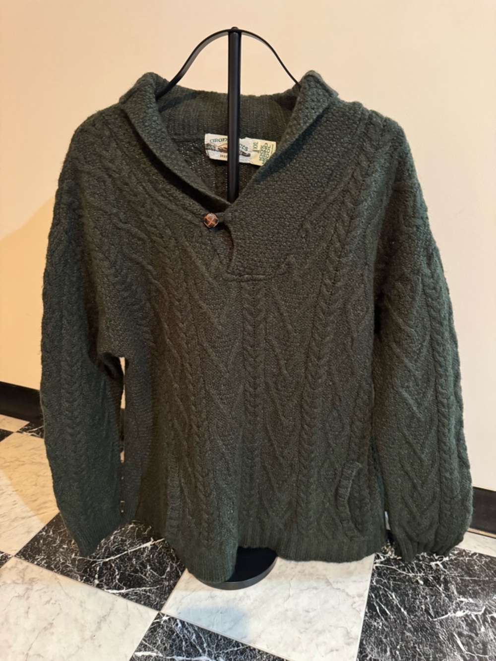 Aran Crafts Ireland Wool Sweater XL Cable Knit Shawl Collar Fisherman Green